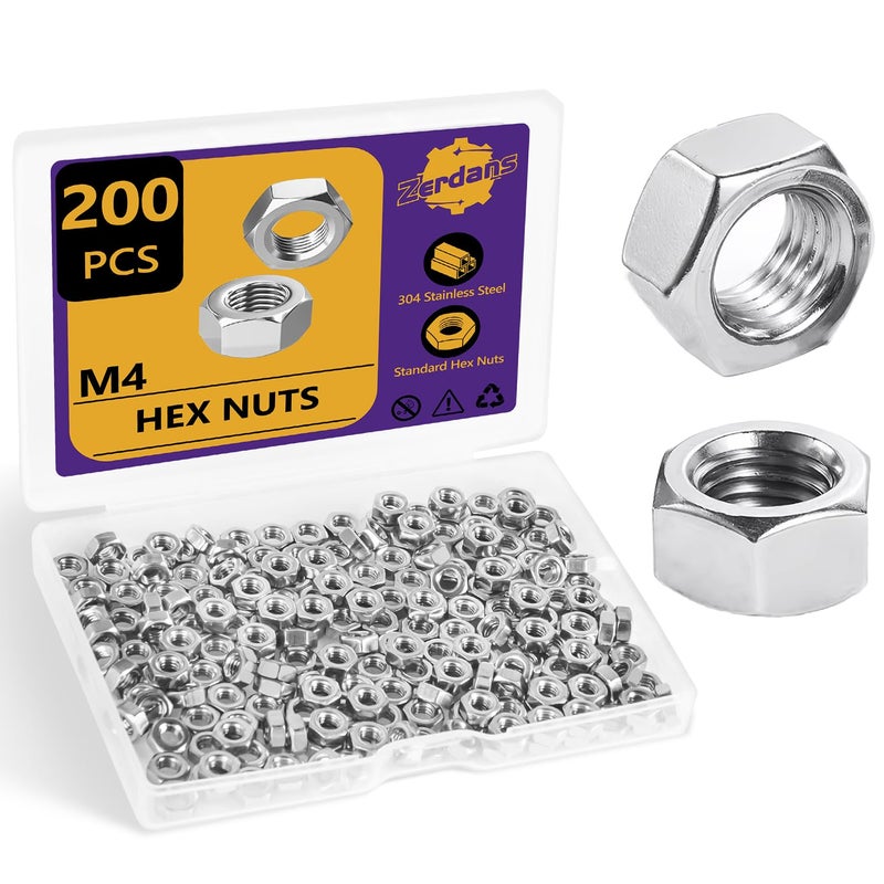 ZerDans M4 Hex Nuts, 200Pcs Metric 304 Stainless Steel Metal M4-0.7mm Hexagonal Nuts Hardware Set for Bolt for Furniture, Automotive, Industry and Construction, Full Thread - Image 1